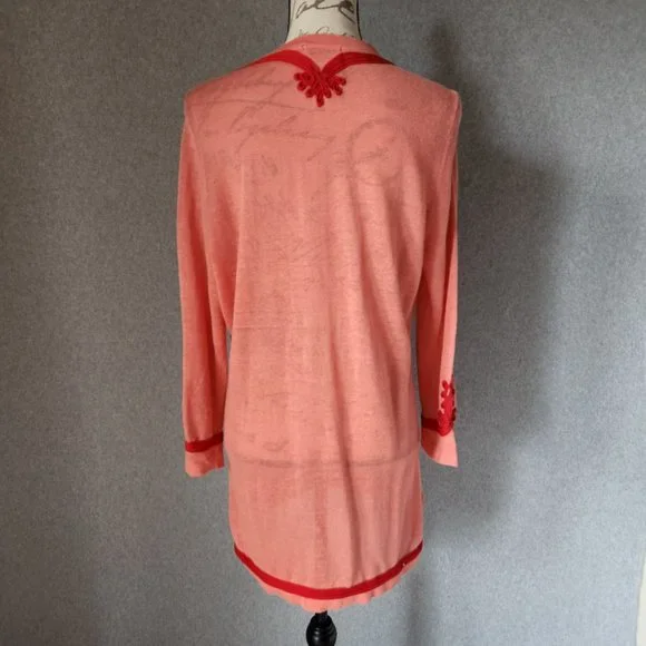 Soft Surroundings Linen Blend Ribbon Embellishing Tunic Top Long Sleeve Coral - Picture 4 of 8